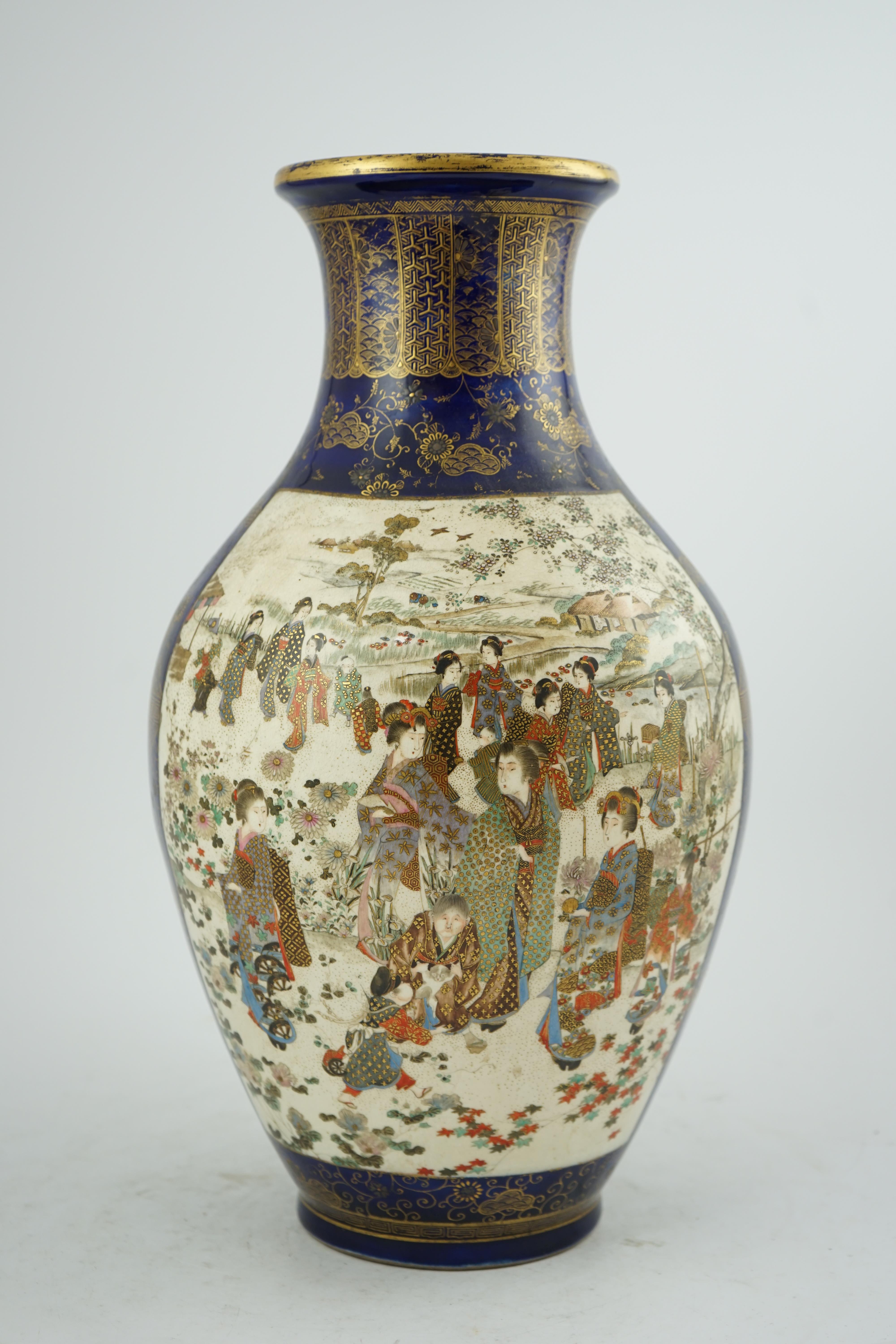 A large Japanese Satsuma blue ground vase, by Kozan, Meiji period